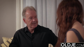 Brunette teen with huge tits takes a cock of an oldie